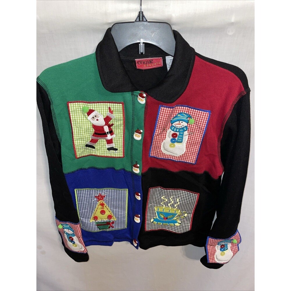 Onque Casuals Women’s Christmas Cardigan Sz Small Black Colorblock Santa Buttons